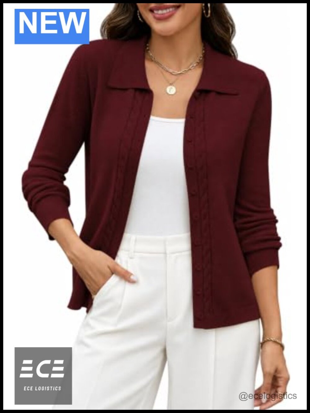 Cable Knit Button Up Cardigan Sweater with Polo Collar